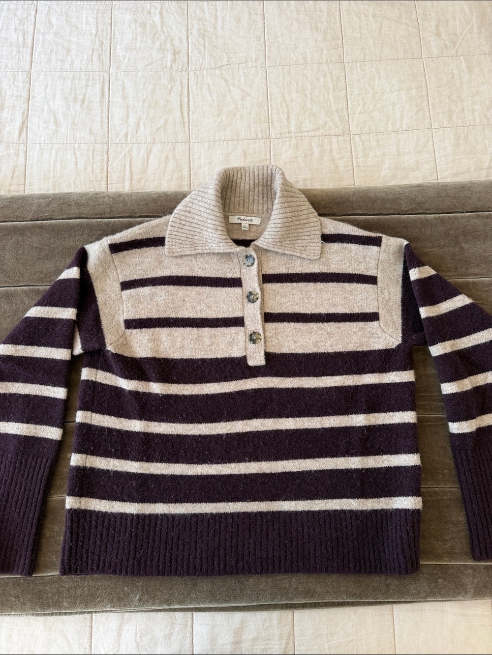 Madewell women’s Striped Zip-Up Sweater in Cream and Dark purple